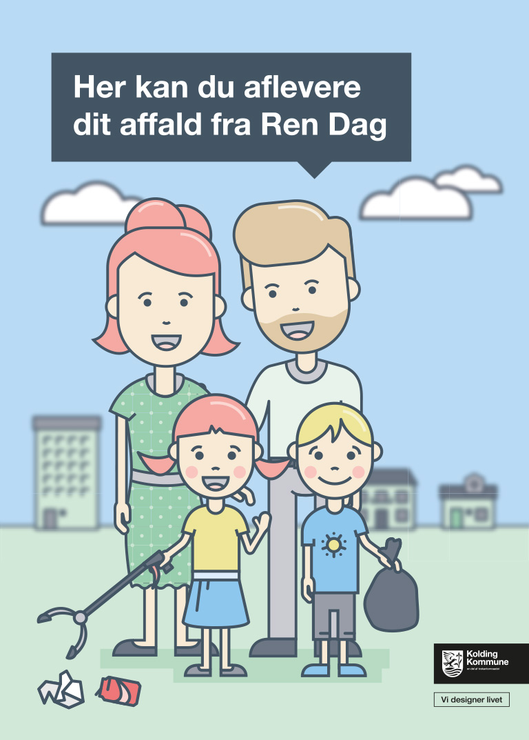 Kolding Kommune afholder Ren Dag. Plakaten visser Palle og Ida samt deres nytegnede unger.